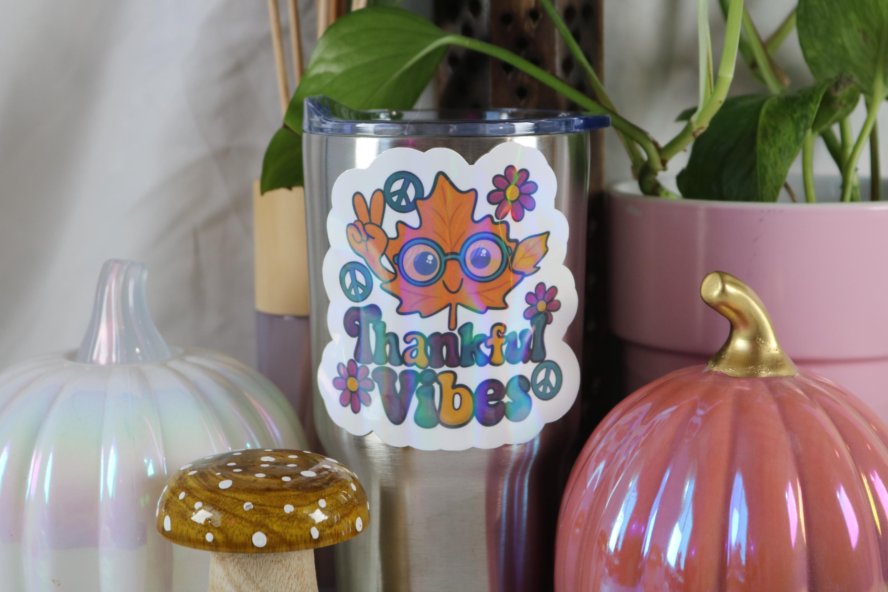 Thankful Vibes Sticker: Groovy Fall Hippie Leaf - Holographic Options