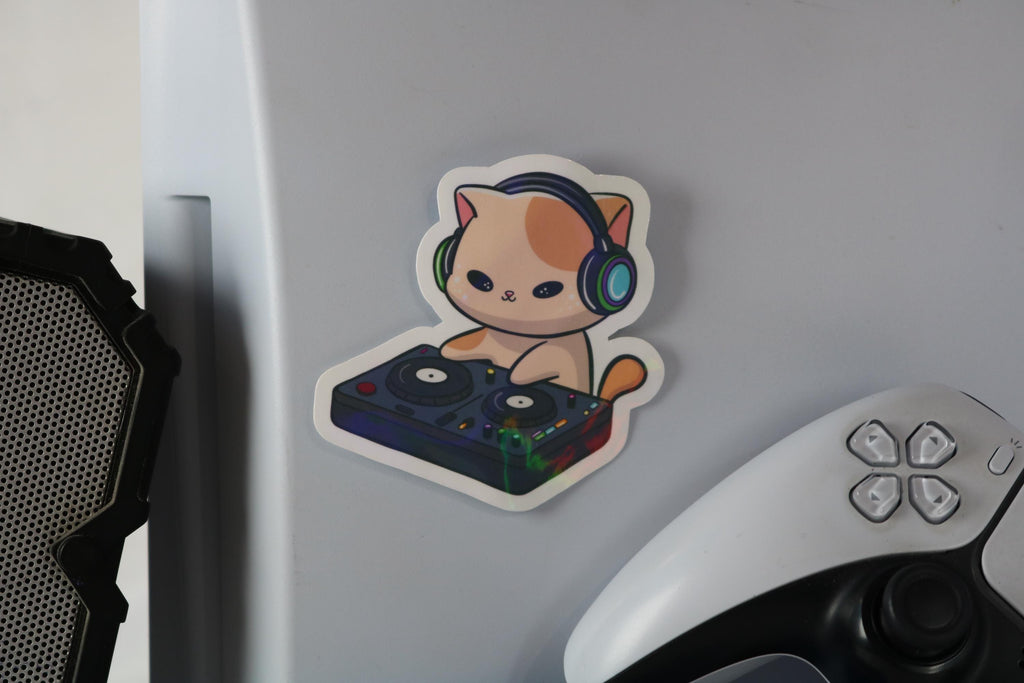 DJ Catnip Sticker: Kawaii Kitty with Headphones - Holographic Vinyl
