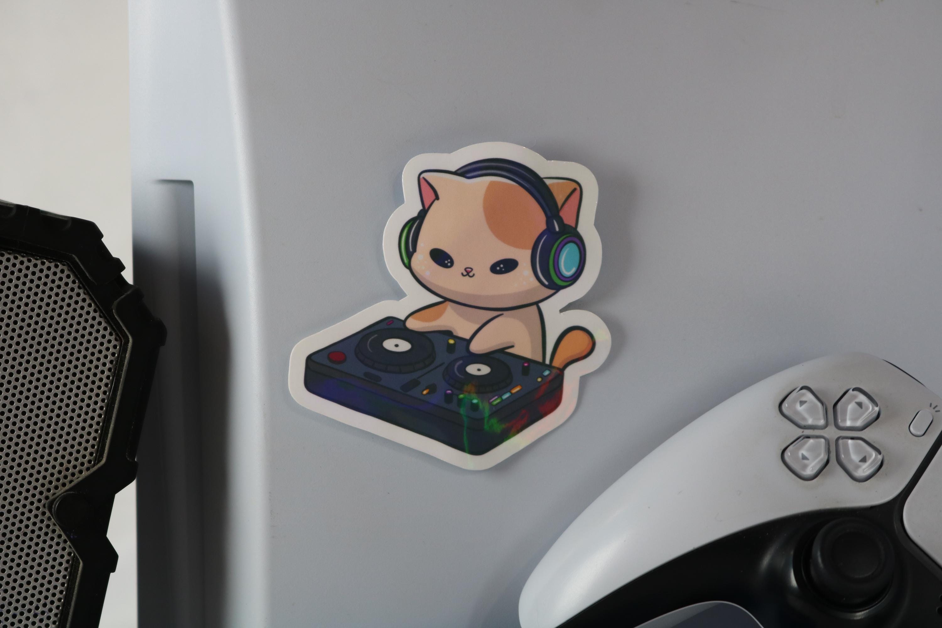 DJ Catnip Sticker: Kawaii Kitty with Headphones - Holographic Vinyl