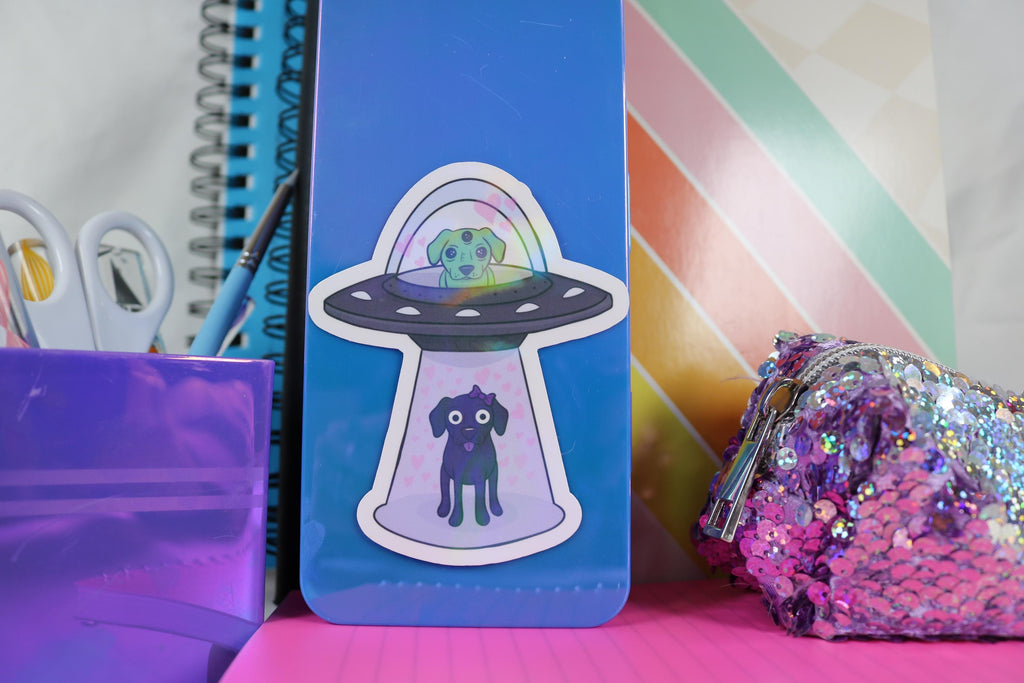 Alien Abduction Dog Sticker: Holographic UFO Vinyl Decal