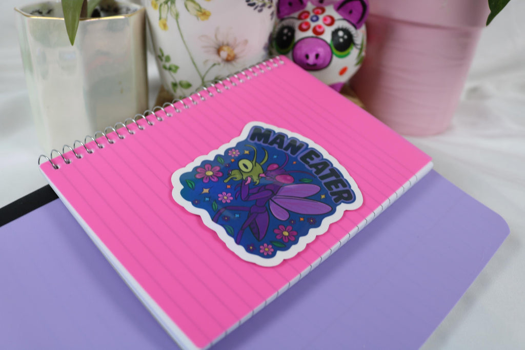 Man Eater Sticker: Praying Mantis, Flowers, Holographic Overlay