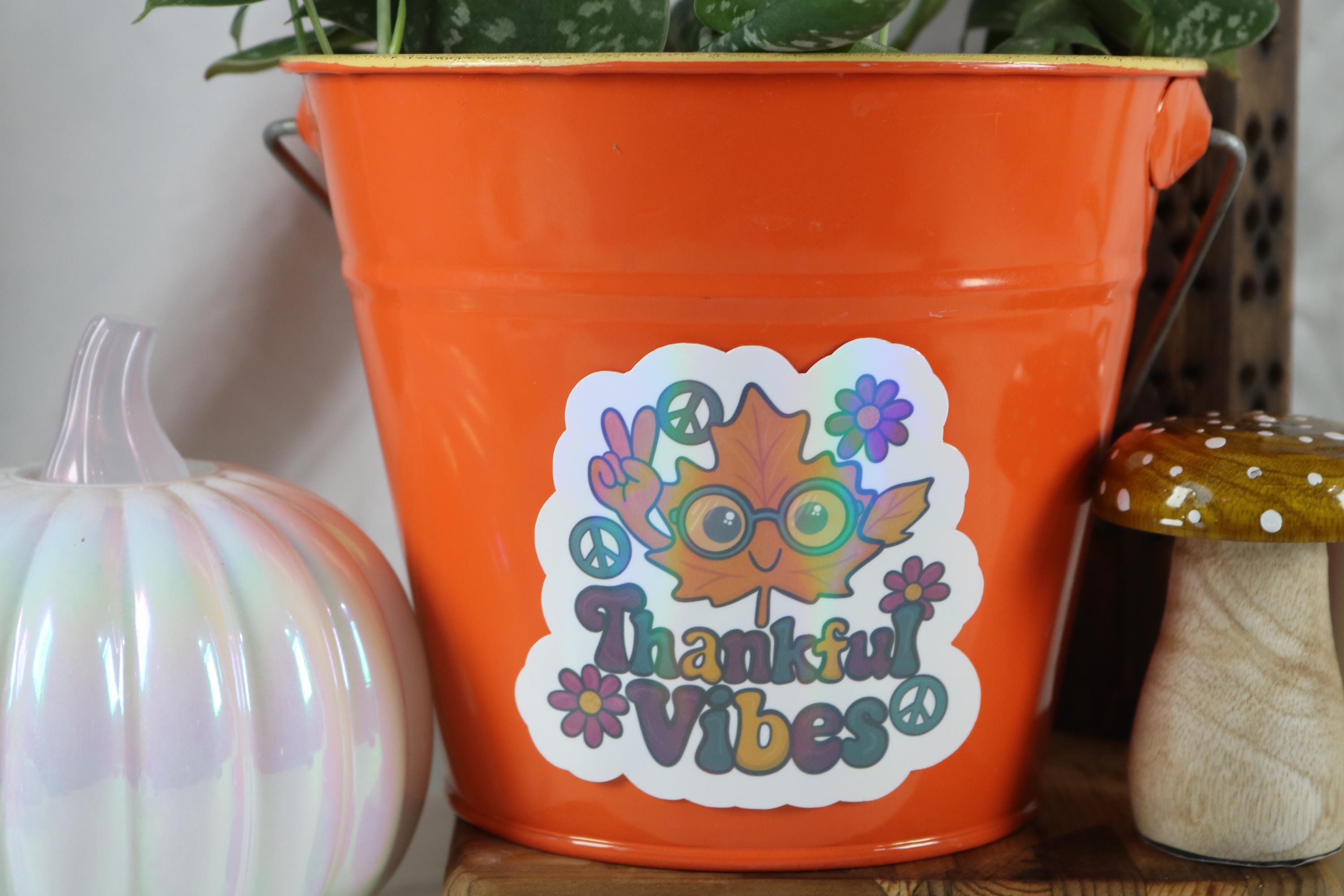 Thankful Vibes Sticker: Groovy Fall Hippie Leaf - Holographic Options