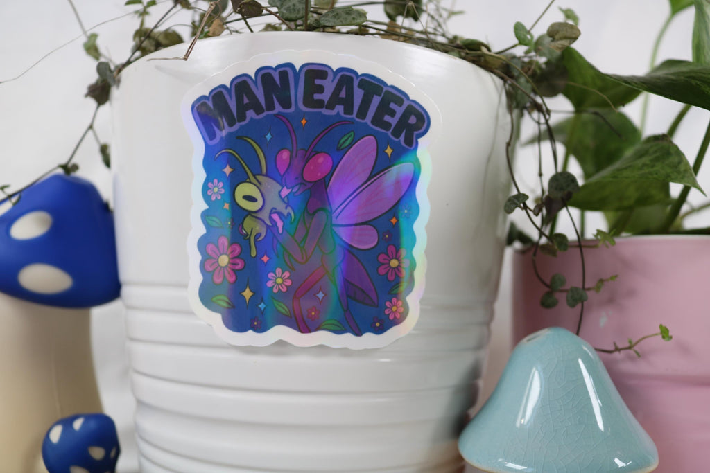 Man Eater Sticker: Praying Mantis, Flowers, Holographic Overlay