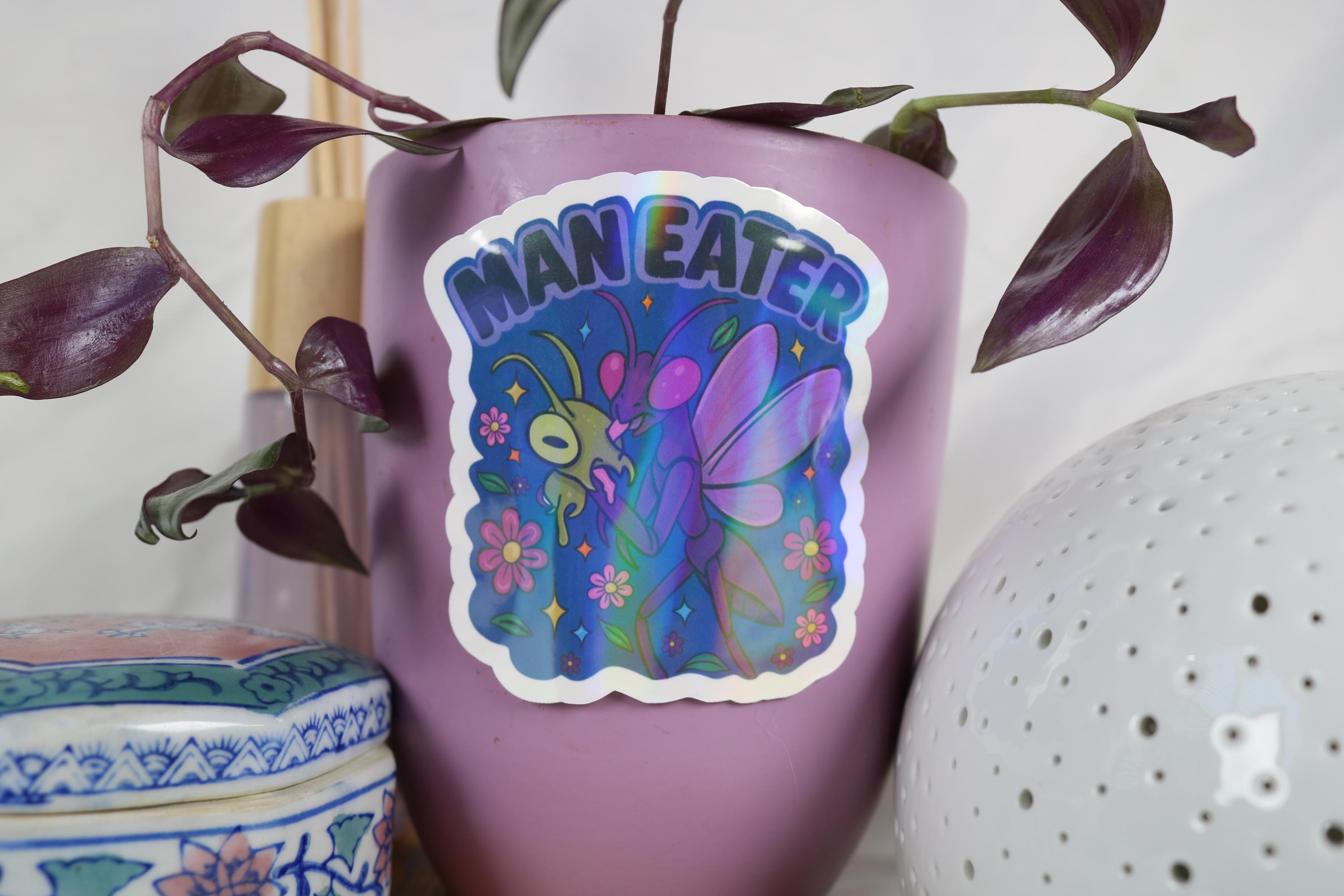 Man Eater Sticker: Praying Mantis, Flowers, Holographic Overlay