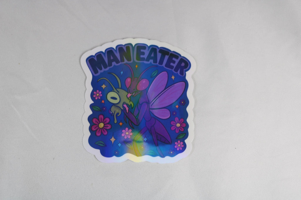 Man Eater Sticker: Praying Mantis, Flowers, Holographic Overlay