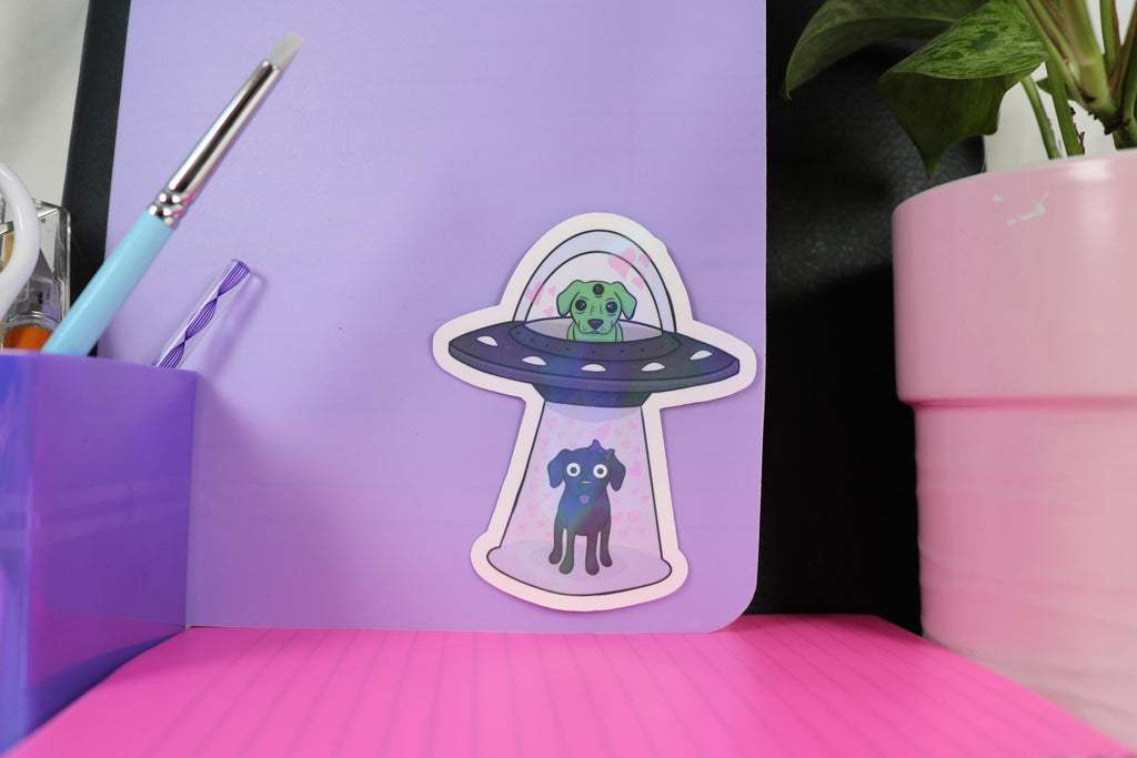 Alien Abduction Dog Sticker: Holographic UFO Vinyl Decal