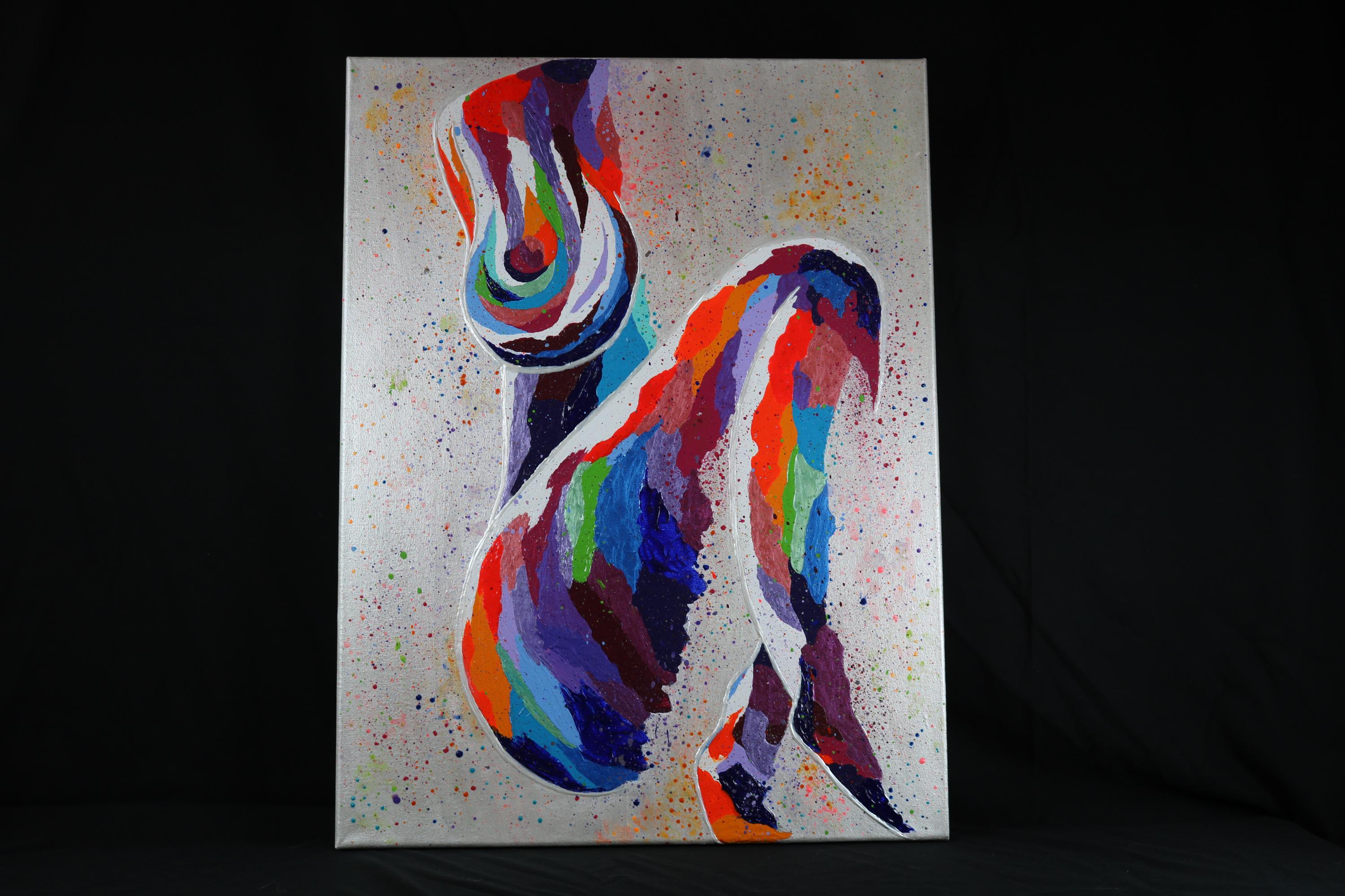 Original Acrylic Canvas Painting: Rainbow Cosmic Silhouette - Signed