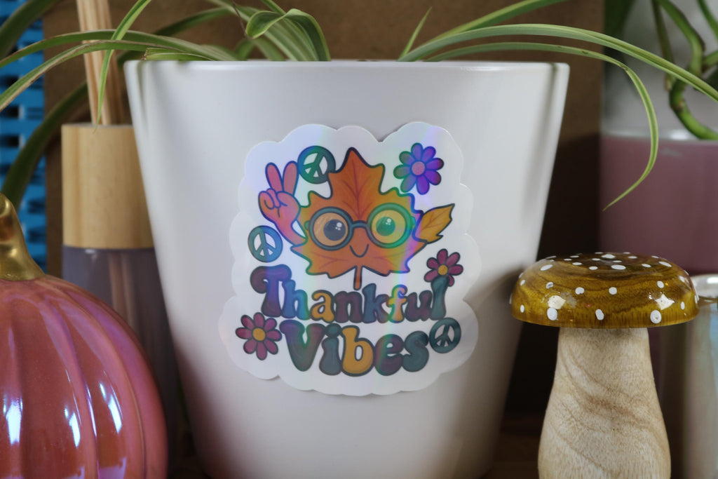 Thankful Vibes Sticker: Groovy Fall Hippie Leaf - Holographic Options
