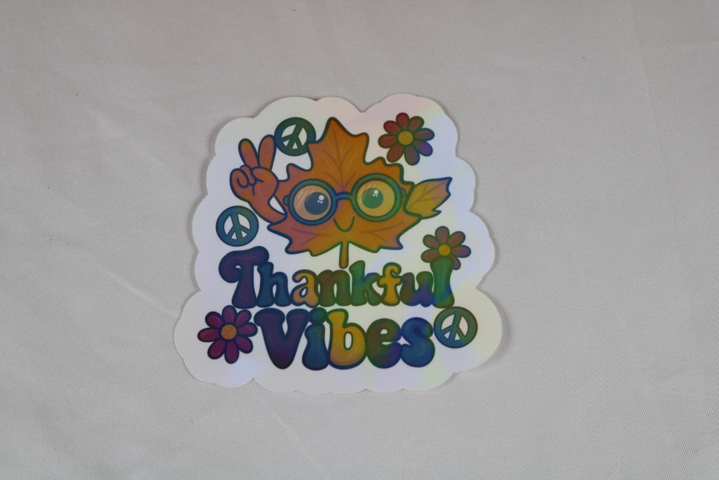 Thankful Vibes Sticker: Groovy Fall Hippie Leaf - Holographic Options