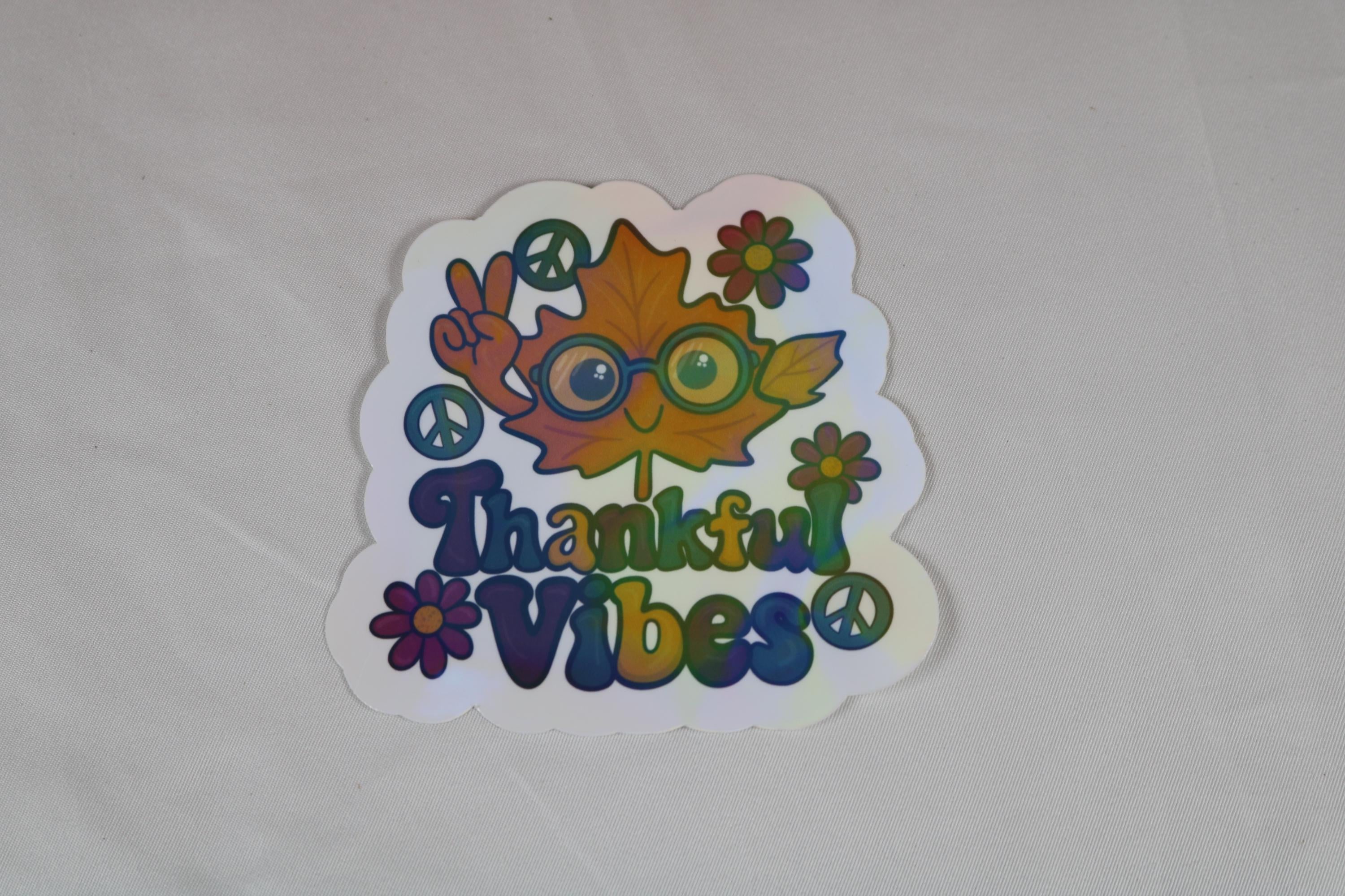 Thankful Vibes Sticker: Groovy Fall Hippie Leaf - Holographic Options