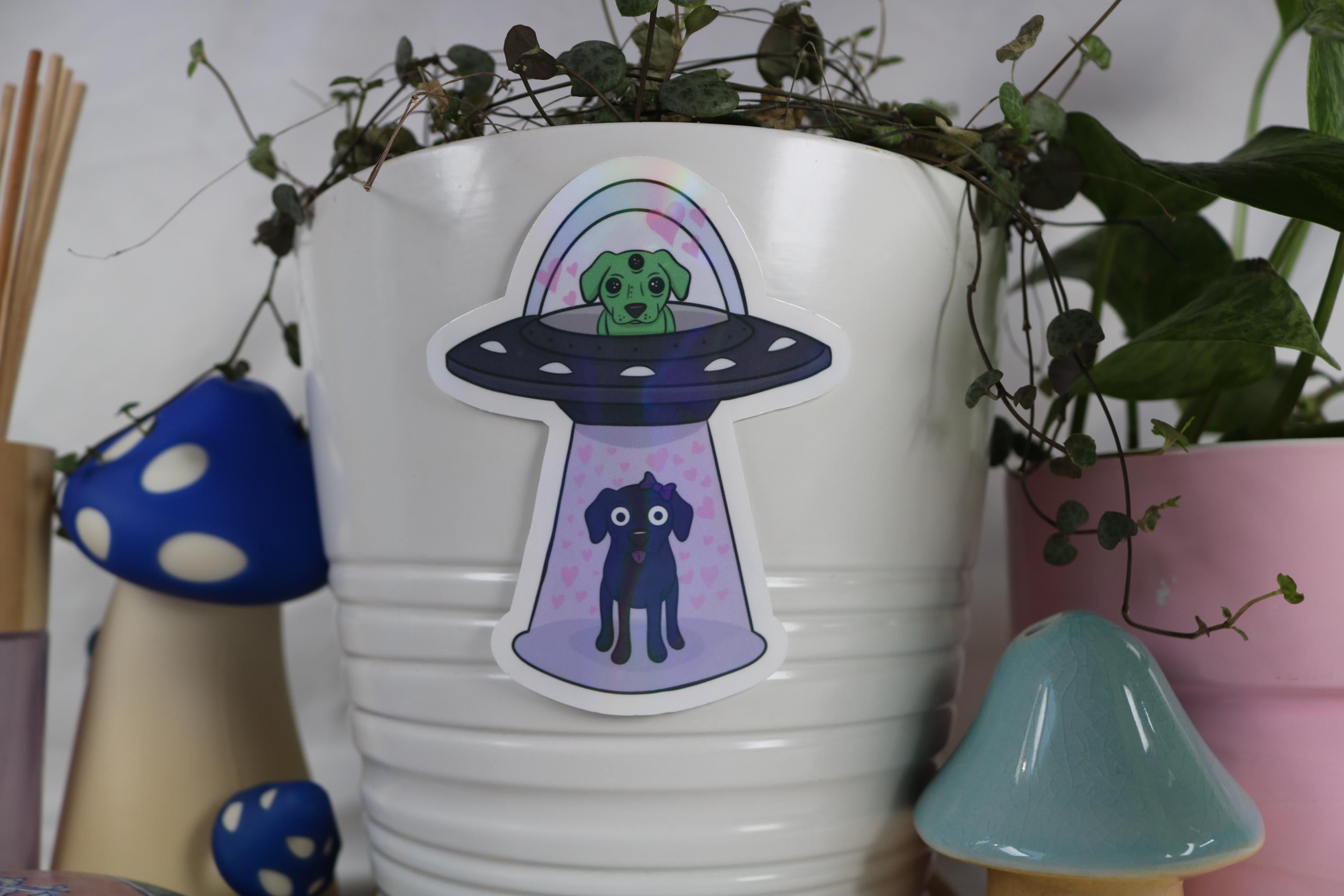 Alien Abduction Dog Sticker: Holographic UFO Vinyl Decal